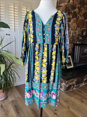 Boho Floral Midi Dress in Teal and Yellow Size M